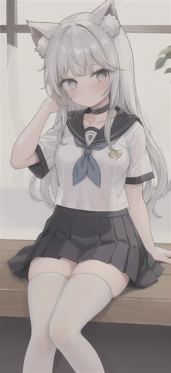 1 girl、laughter、fun!　shirt、pleated skirt、white skirt、（medium size breasts）squat、spread your leg-shaped spread legs、show white panties、show your panties to the viewer、Breast flick、Show your、show nipples
