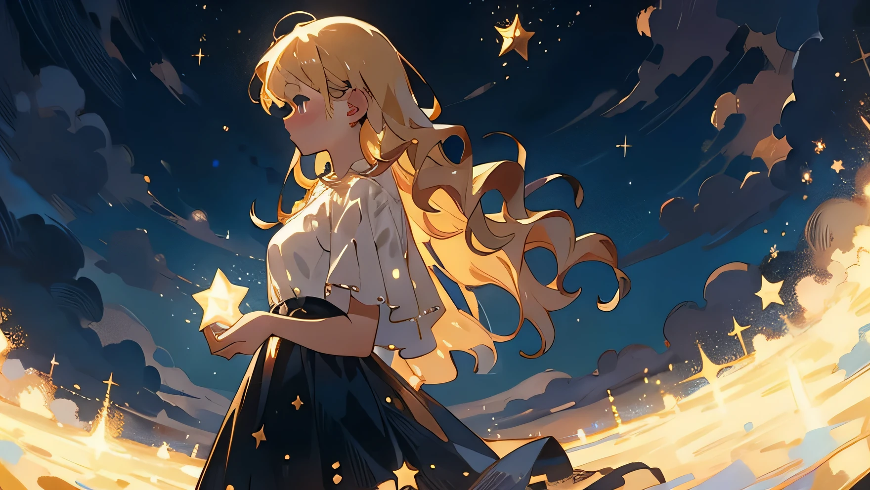 Star,Starlight,masterpiece,best quality,human development report.ultra high definition.4k,8K,k,Very detailed,Ultra-fine,extremely detailed description,professional, 1 girl, Volumetric light, 1 girl, blonde hair,medium bust, long hair, best quality, illustration, beautiful and delicate eyes, posture, Starry sky skirt, Starry sky, The graceful rotation of the starry sky,