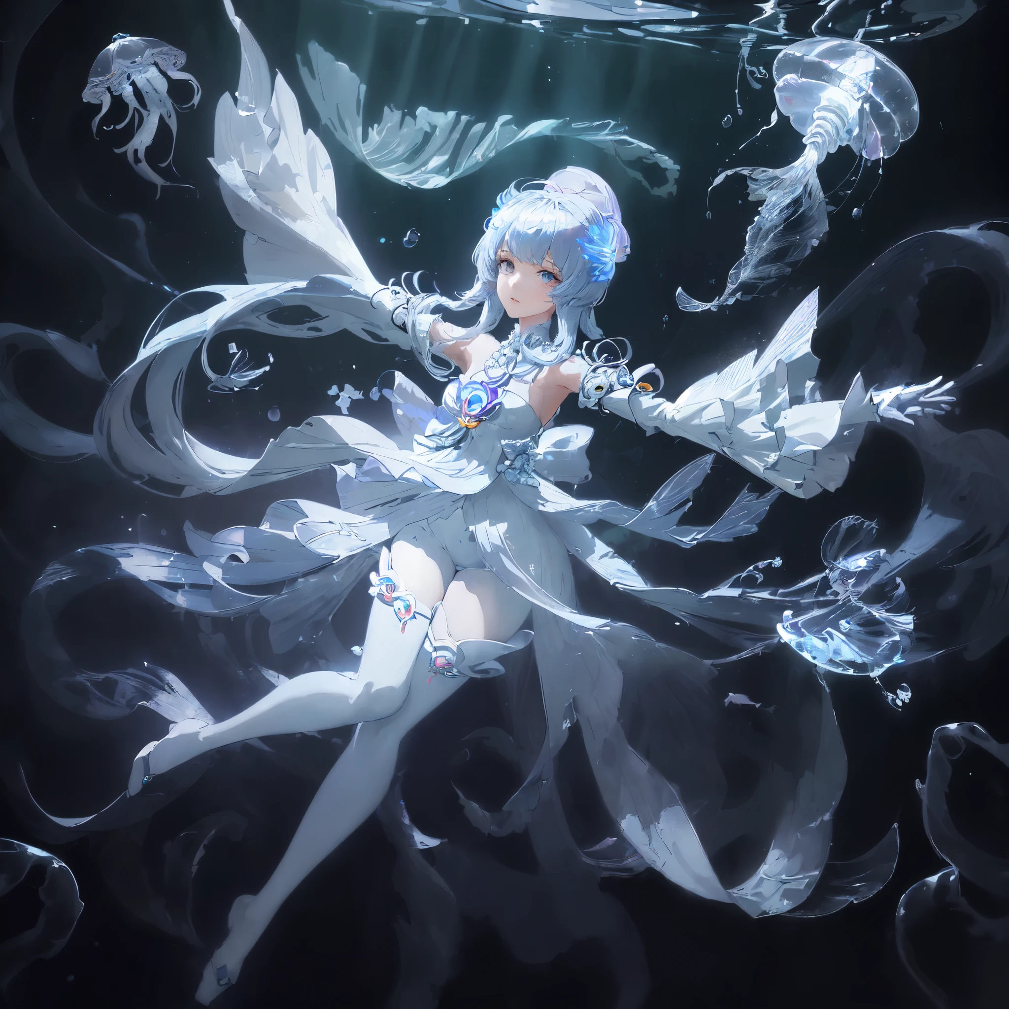 One wearing a white dress、Portrait of a woman wearing a white hat in GALAHAD, Jellyfish Priestess, Complex and gorgeous anime CGI style, Jellyfish Miko, Popular topics on cgstation, guweiz, water magic closeup fantasy, Anime girl walking on water, Gurwitz style artwork, jelly fish dancing, Ethereal fantasy, victorian era，jellyfish elements