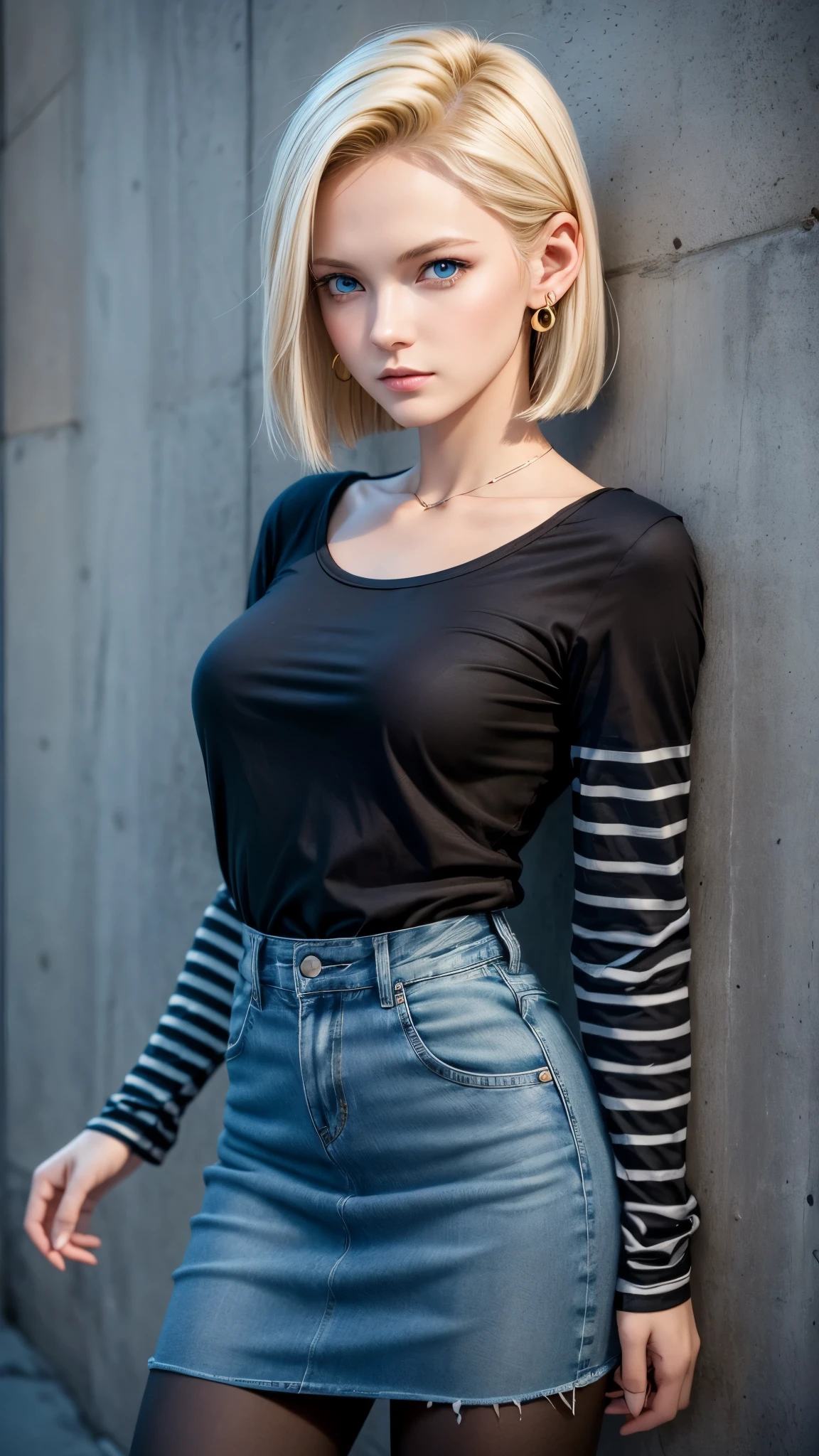 best quality, high resolution, and 18, 1 girl in, Android 18, alone, blonde hair, blue eyes, short hair, earrings, jewelry, denim dress, black pantyhose, Black shirt, Denim skirt, striped long sleeves, blue skirt, medium breasts, Cowboy shooting, street