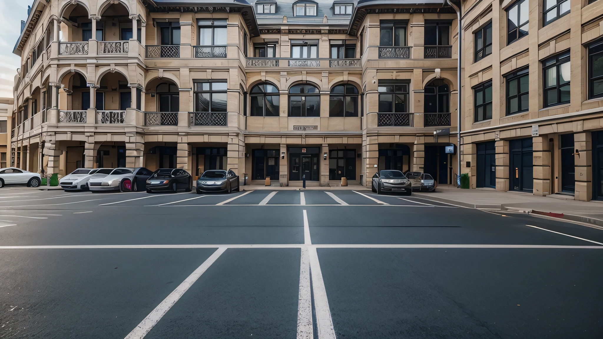large parking lot filled with many luxury cars in front of 5 storey victorian school and tall modern school building