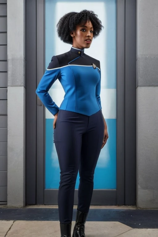 Black woman wearing blue sttldunf uniform,jamesdaly artstyle,