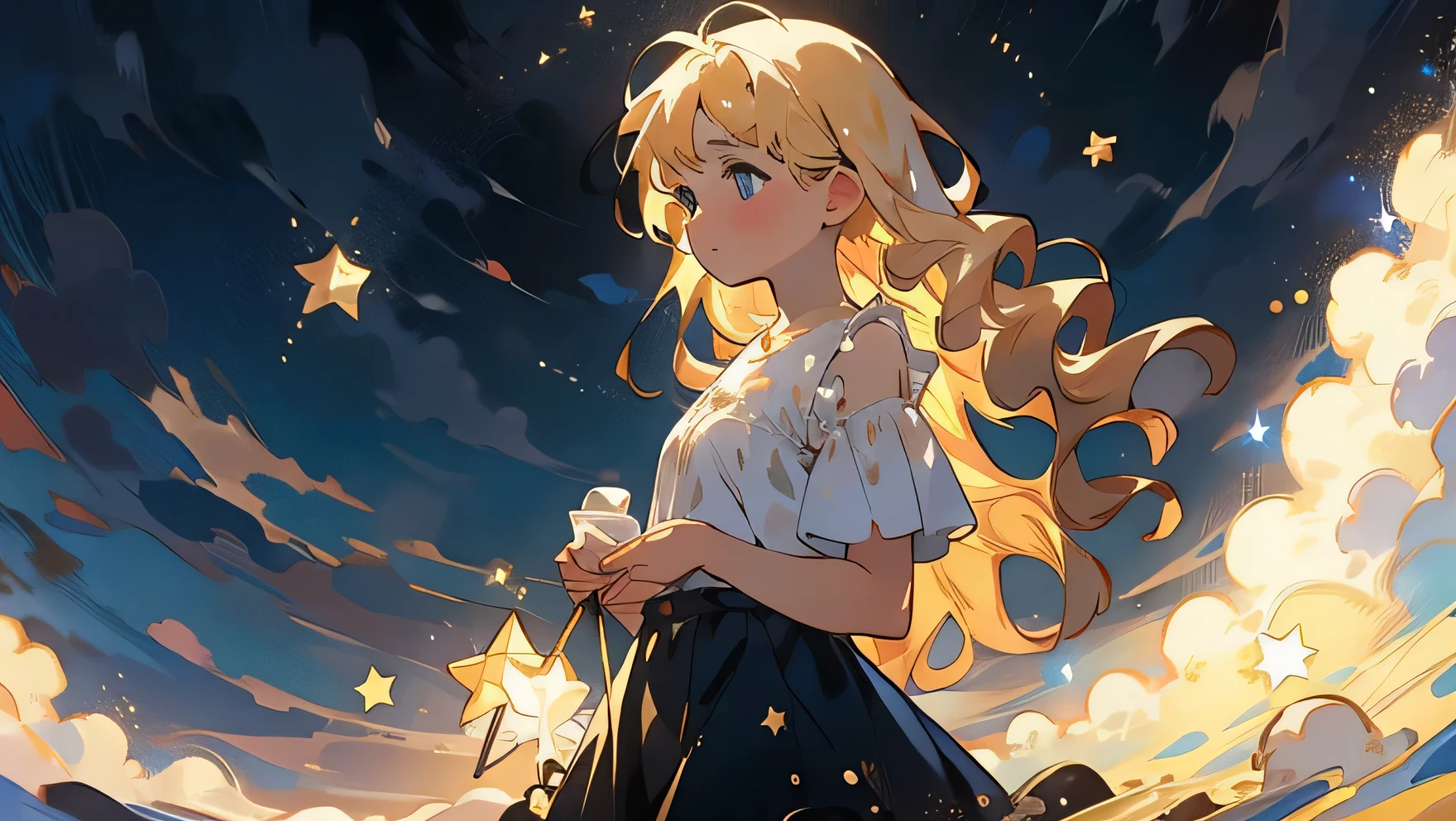 Star,Starlight,masterpiece,best quality,human development report.ultra high definition.4k,8K,k,Very detailed,Ultra-fine,extremely detailed description,professional, 1 girl, Volumetric light, 1 girl, blonde hair,medium bust, long hair, best quality, illustration,  beautiful and delicate eyes, posture, Starry sky skirt, Starry sky, The graceful rotation of the starry sky,