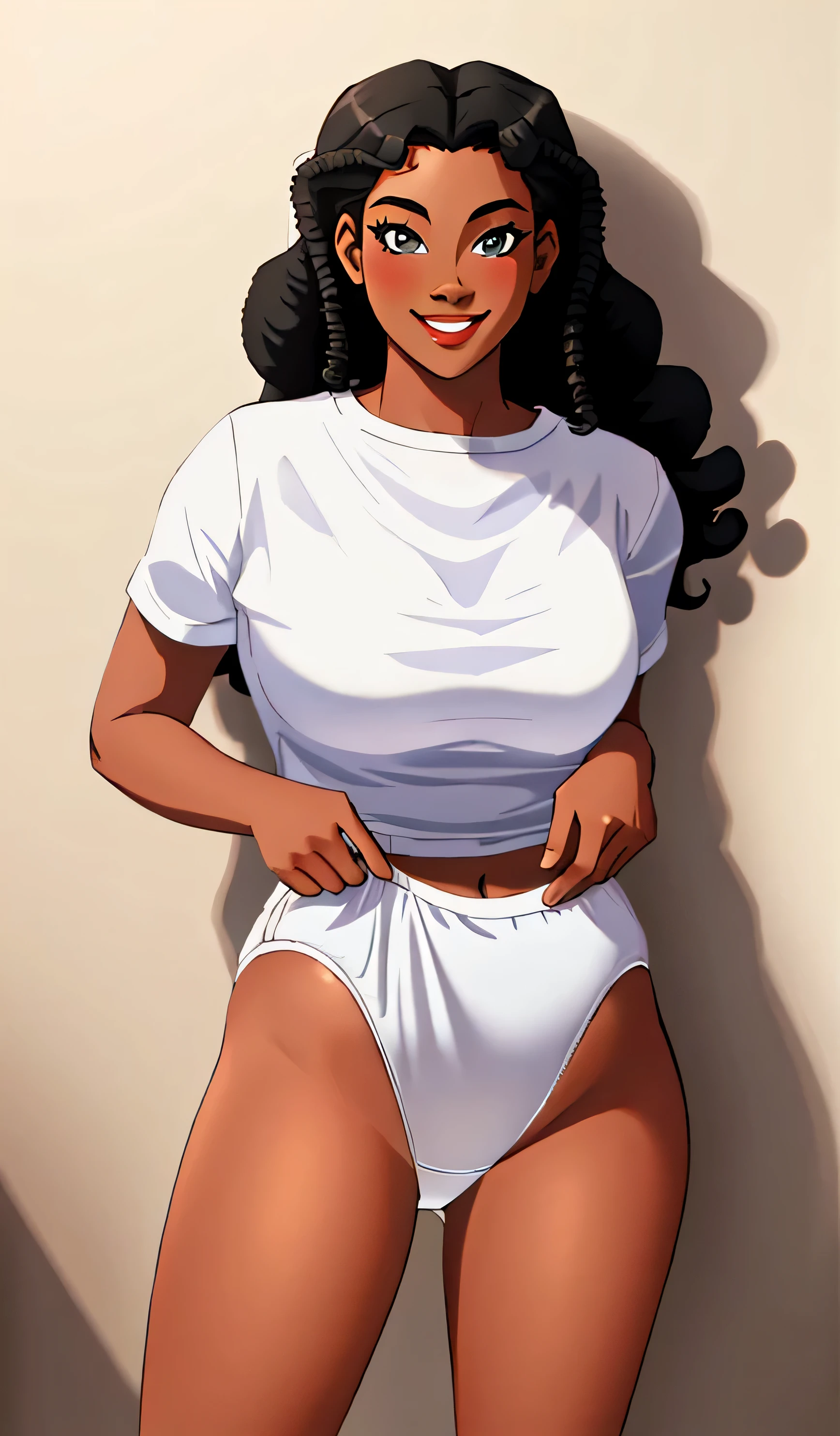 ((masterpiece, best quality)), ((24 year old)), (((Curvy))), ((Black woman with long black curly hair)), pulling up ((white cotton panties)), (white shirt), smiling, standing in her bedroom, (((Western cartoon style)))