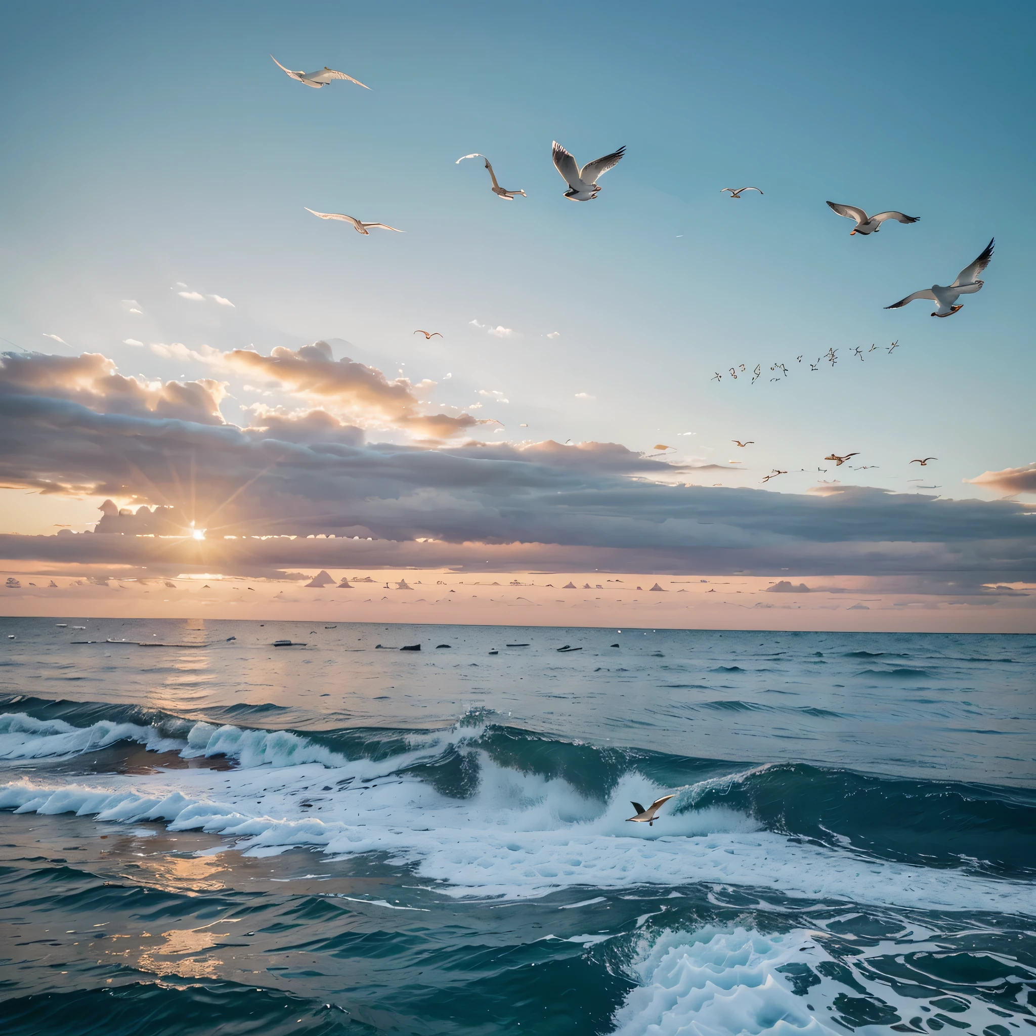 flock of seagull fly across ocean at sunset,Lots and lots of seagull,blinds, Distant Islands,Boat,birds flying in the sun,sad picture,best adobe stock, clear sea waves,seagull, birds in the sun, Chaotic sea environment, nature, incredibly beautiful, The main subject of the picture is seagull,Beautiful big nature, fly over the sunset, HD White Cloud,reality,Birds fly out of the water, fly across ocean, author:Hans Werner Schmidt, beautiful sunny day, Birds flying in the distance
