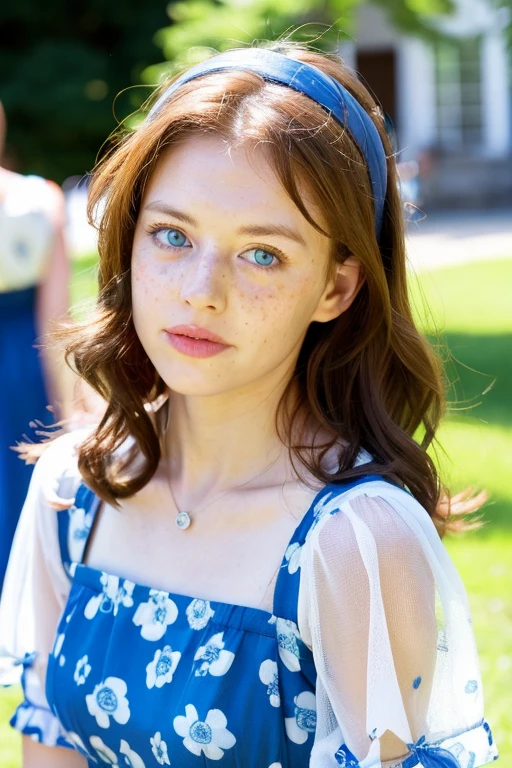 young woman, bright blue eyes, neat face, straight nose, freckles, red hair curly , blue dress with floral lantern sleeves, pendant with sun