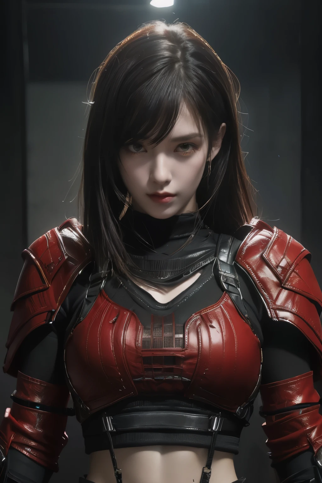 tmasterpiece,Best quality,A high resolution,8K,(Portrait photograph:1.5),(ROriginal photo),real photograph,digital photography,(Combination of cyberpunk and fantasy style),(Female soldier),20 year old girl,random hair style,By bangs,(Red eyeigchest, accessories,Redlip,(He frowned,Sneer),(Cyberpunk combined with fantasy style clothing,Openwork design,joint armor,police uniforms,Red clothes,red colour),exposing your navel,Photo pose,Realisticstyle,Thunder and lightning on rainy day,(Thunder magic),oc render reflection texture