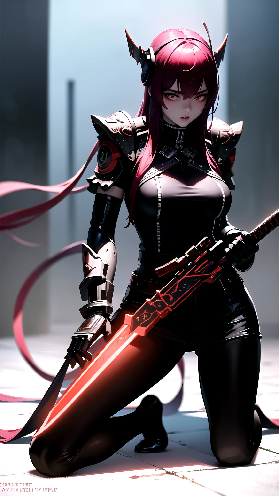 Hyperrealistic version of a woman kneeling down with a sword in her hand, very beautiful cyberpunk samurai, anime cyberpunk art, cyberpunk samurai, cyberpunk anime art, anime cyberpunk, cgsociety 9, digital cyberpunk anime art, style of maciej kuciara.1girl, samurai armor, helmet oni evil mask,intricate, ornaments detailed, cold colors, metal, egypician detail, highly intricate details, realistic light, trending on cgsociety, glowing eyes, facing camera, neon details, ultra realistic details, portrait full body, japanese atmosphere, global illumination, shadows, octane render, 8k, ultra sharp.cool lolita.