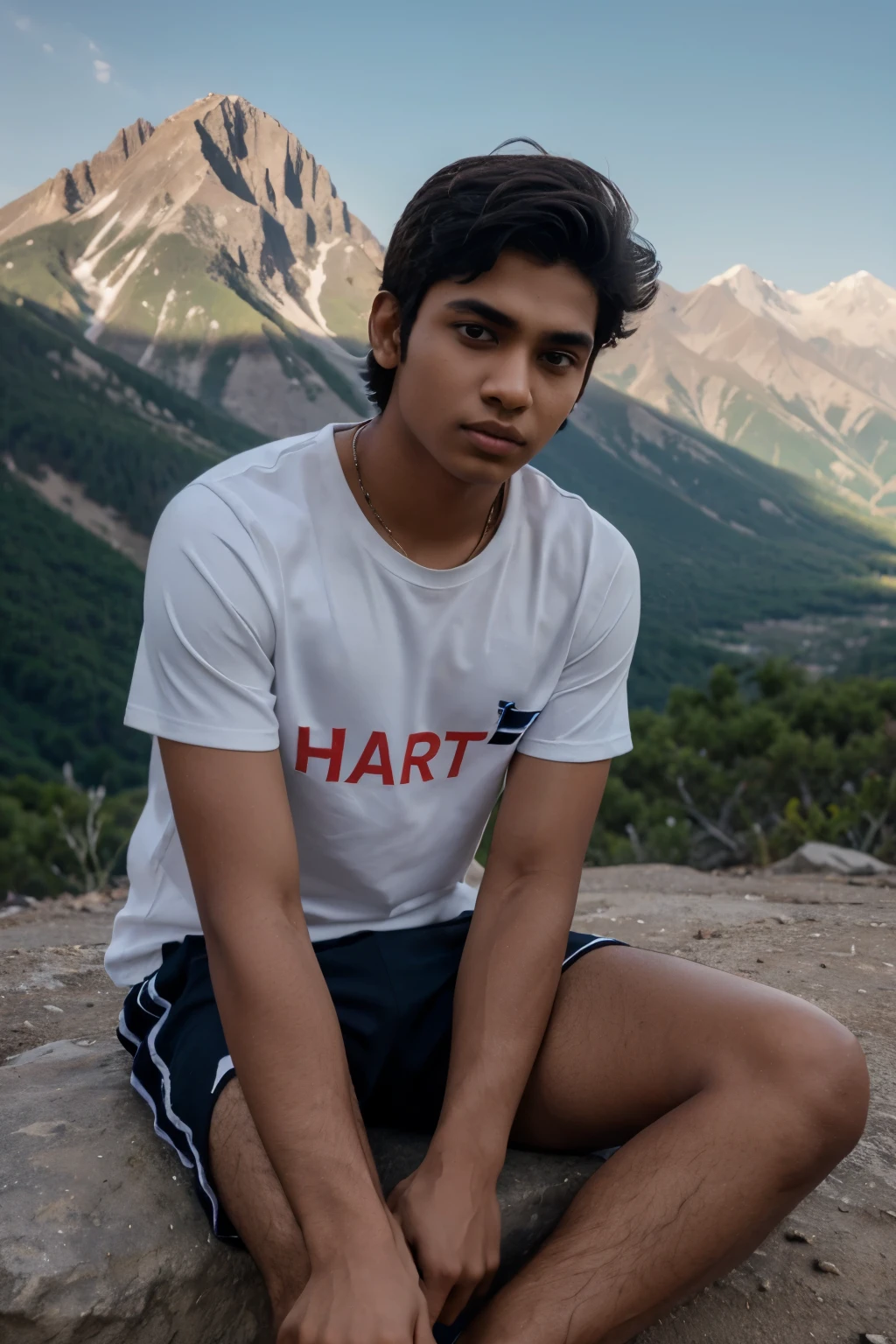 Create a 3d image a teenage boy sitting on a mountain infront of ma kaali, boy wearing a shirt and praveen name is written on his shirt