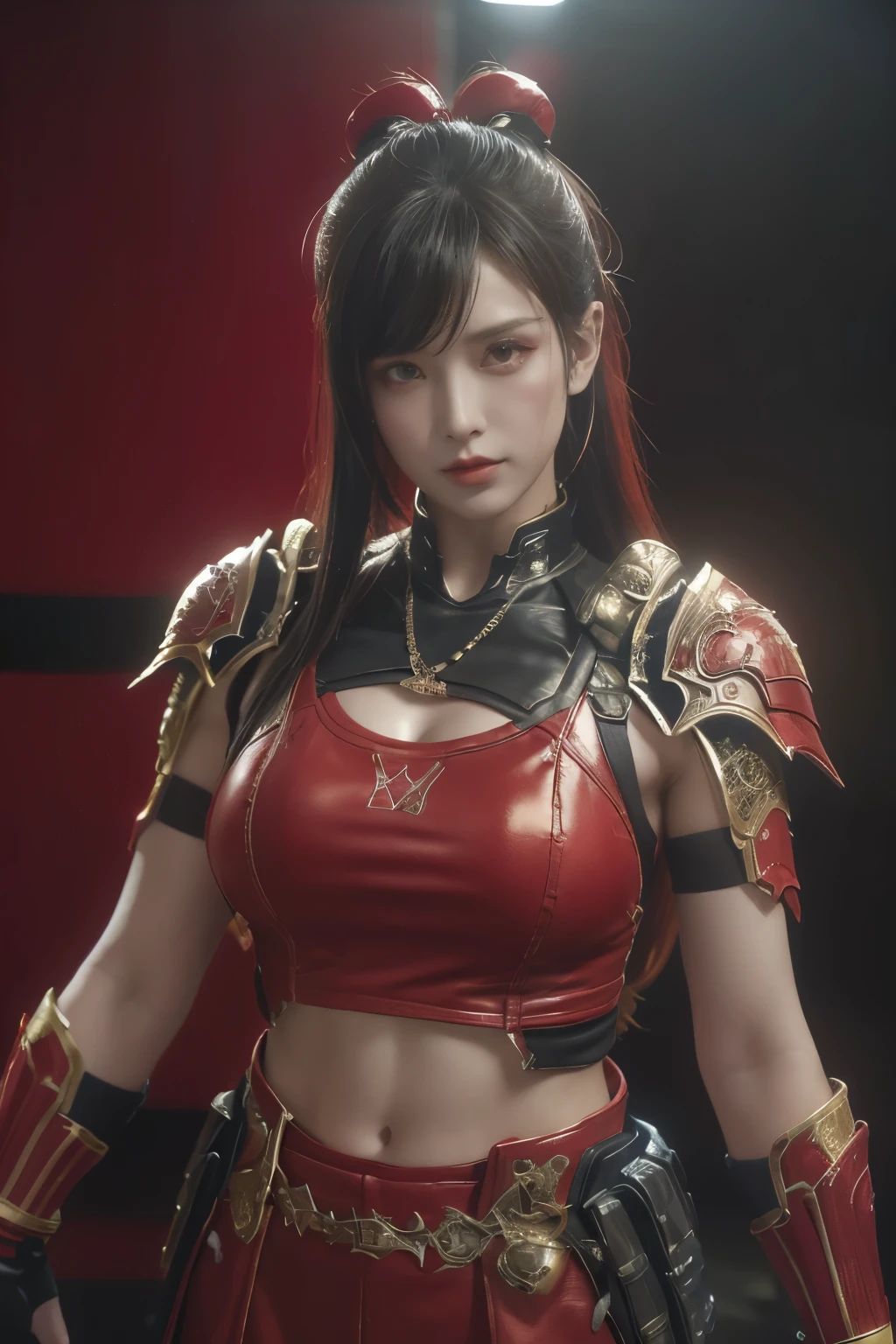 tmasterpiece,Best quality,A high resolution,8K,(Portrait photograph:1.5),(ROriginal photo),real photograph,digital photography,(Combination of cyberpunk and fantasy style),(Female soldier),20 year old girl,random hair style,By bangs,(Red eyeigchest, accessories,Redlip,(He frowned,Sneer),(Cyberpunk combined with fantasy style clothing,Openwork design,joint armor,police uniforms,Red clothes,red colour),exposing your navel,Photo pose,Realisticstyle,Thunder and lightning on rainy day,(Thunder magic),oc render reflection texture