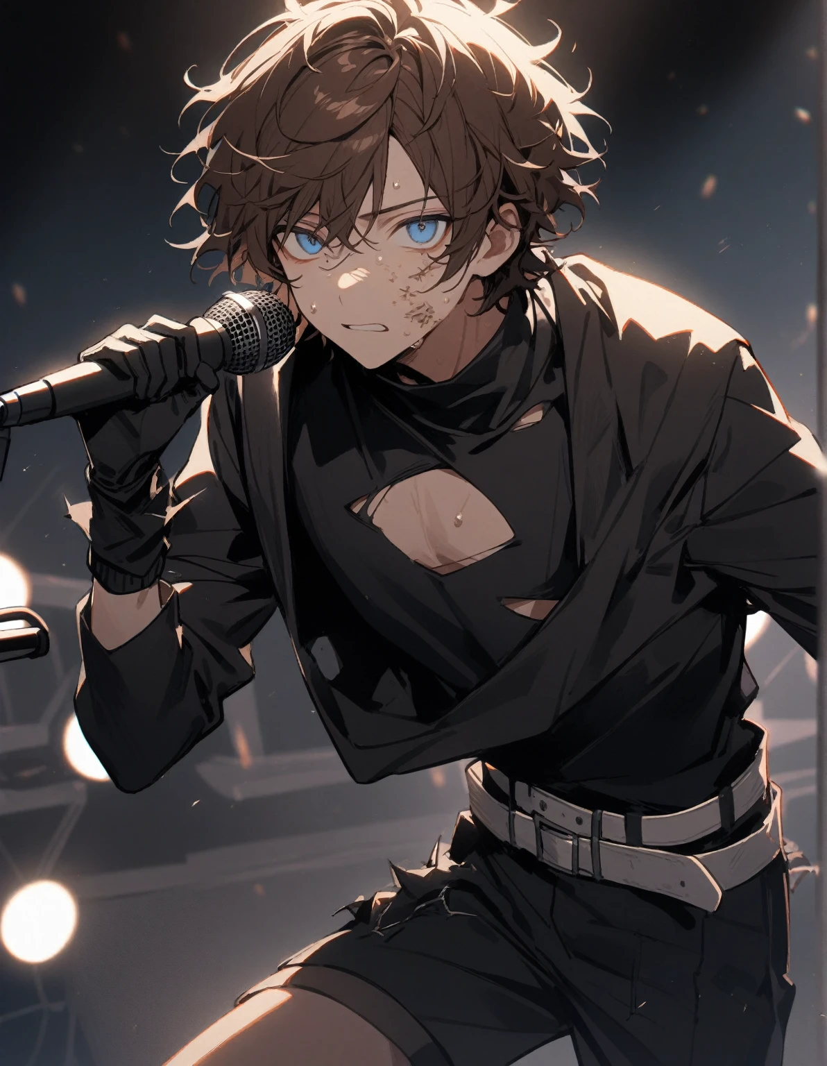 1 guy, brown hair, short hair with bangs, disheveled hair, blue eyes, looks at the viewer, sings into the microphone, stands on stage, singer, dressed in a black sweater with a cutout on the chest and black shorts with a long white belt, black gloves torn, spikes, sweat on his face, tense, gentle tones