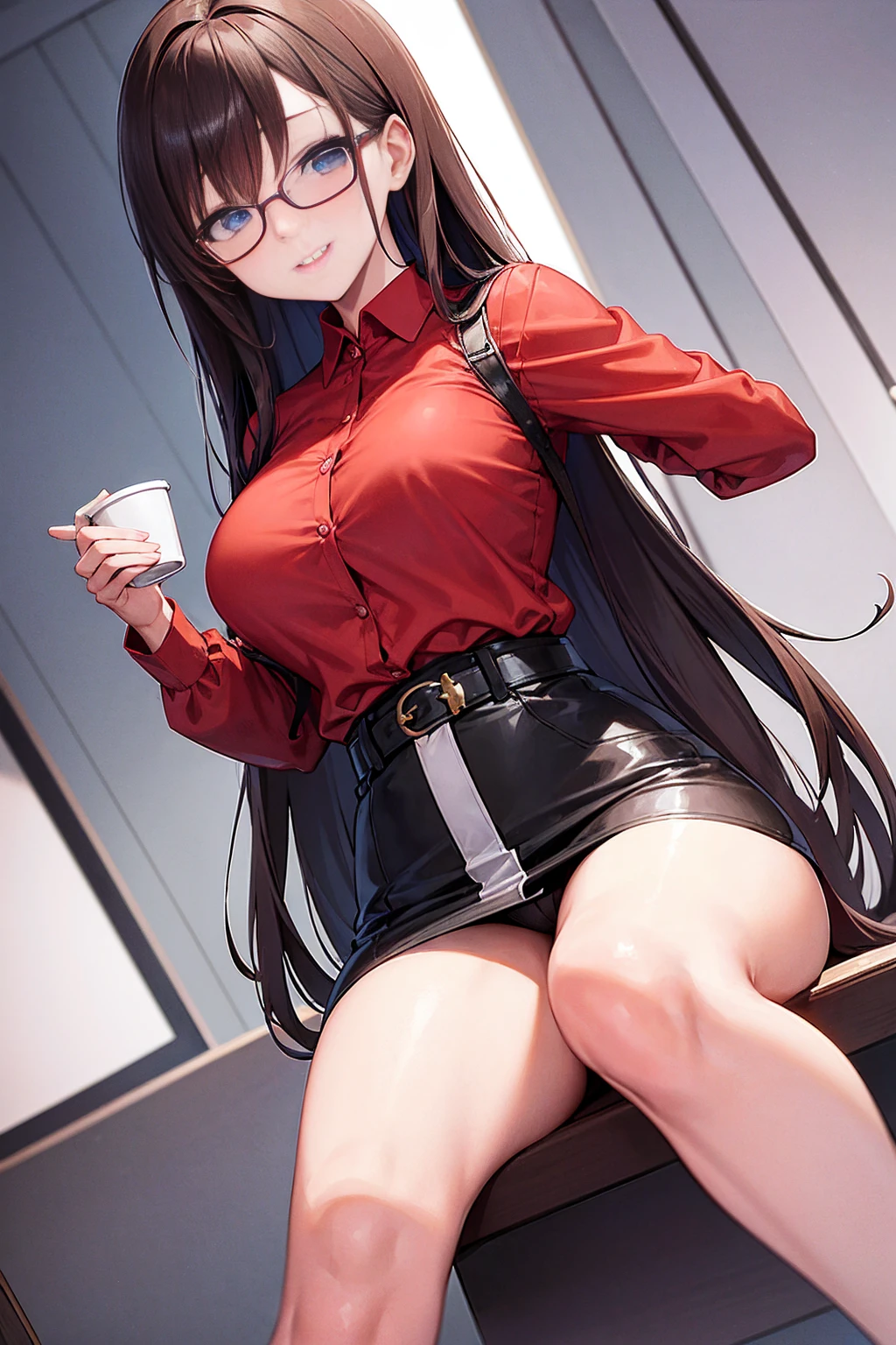 brown hair、Waist-length hair、blue eyes、beautiful eyes,Delicate Eyes,Droopy eyes,pink lips,red glasses,purple underwear、OL,red business shirt,black tight skirt,Large belt,Smiling embarrassedly,sexy pose,red high heels,Proudly,Angle from below,underwear is visible,My chest is empty,sit on a chair、cross your legs,Holding a cup in hand,stockings