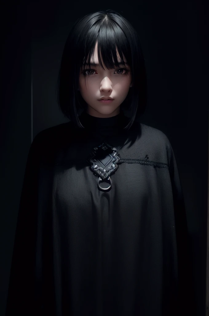(Raw image, Best quality), (real, photo-real:1.2), 1girl, High quality, (Highly detailed skin:1.4), Puffy eyes, great hair, (dark room:1.3), (Edge lighting:1.3), (dim light:1.3), (Dark night:1.3), Inside, painting, Black hair, Dark background, short hair,