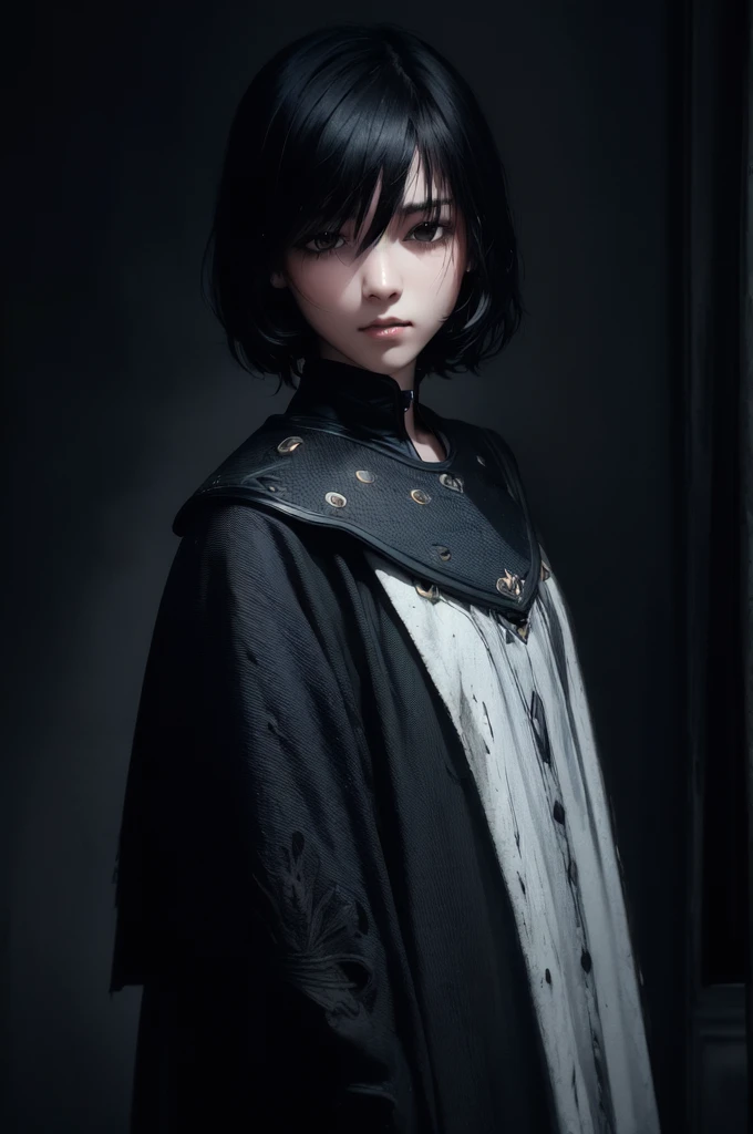 (Raw image, Best quality), (real, photo-real:1.2), 1girl, High quality, (Highly detailed skin:1.4), Puffy eyes, great hair,  (dark room:1.3), (Edge lighting:1.3), (dim light:1.3), (Dark night:1.3), Inside, painting, Black hair, Dark background, short hair,  