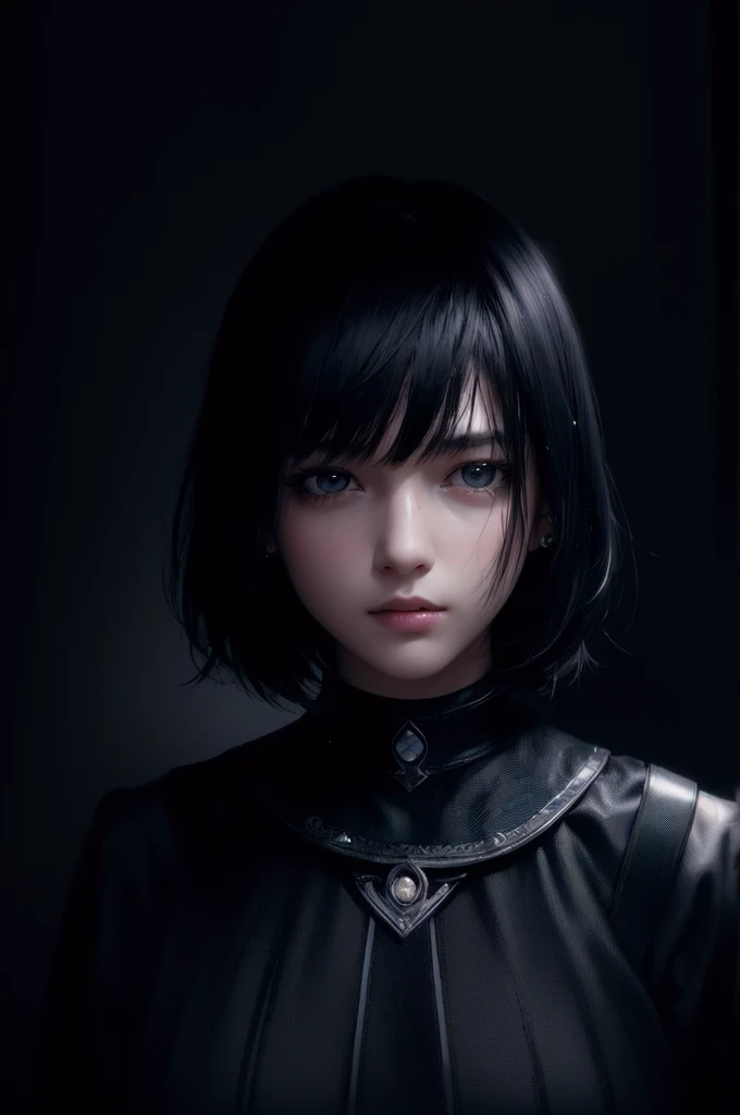 (Raw image, Best quality), (real, photo-real:1.2), 1girl, High quality, (Highly detailed skin:1.4), Puffy eyes, great hair,  (dark room:1.3), (Edge lighting:1.3), (dim light:1.3), (Dark night:1.3), Inside, painting, Black hair, Dark background, short hair,  