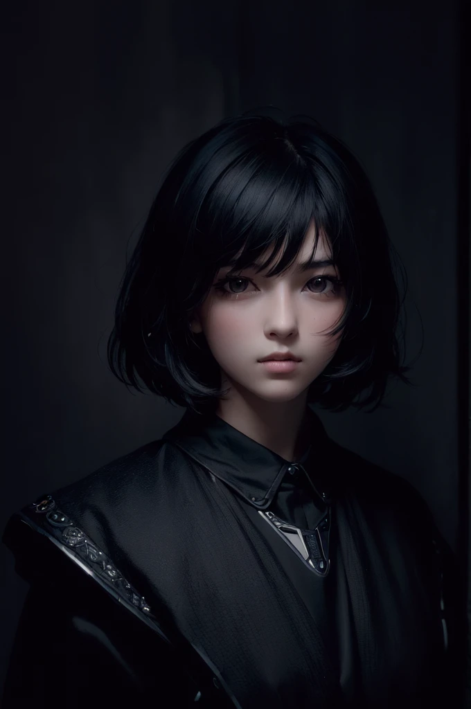 (Raw image, Best quality), (real, photo-real:1.2), 1girl, High quality, (Highly detailed skin:1.4), Puffy eyes, great hair, (dark room:1.3), (Edge lighting:1.3), (dim light:1.3), (Dark night:1.3), Inside, painting, Black hair, Dark background, short hair,