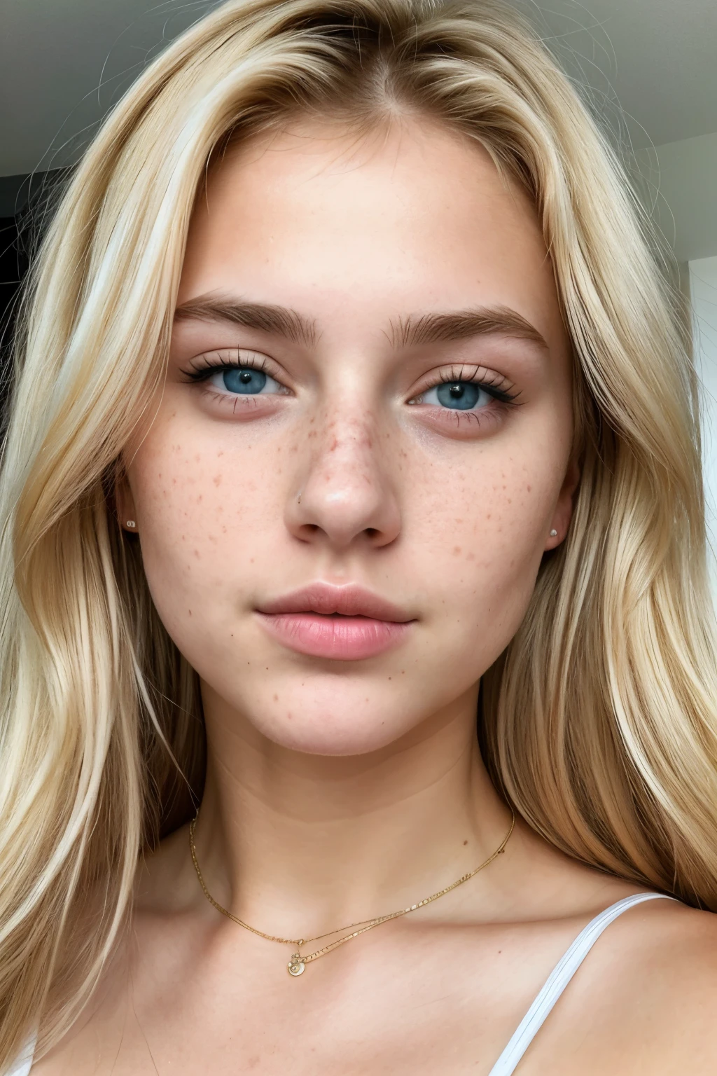 photography of a 20yo woman, perfect face, blonde hair, blue eyes, freckles, very realistic (realistic, photo-realistic) texture on face, no hair on face, puffy eyes, big lips, small nose, very sexy, slavic 