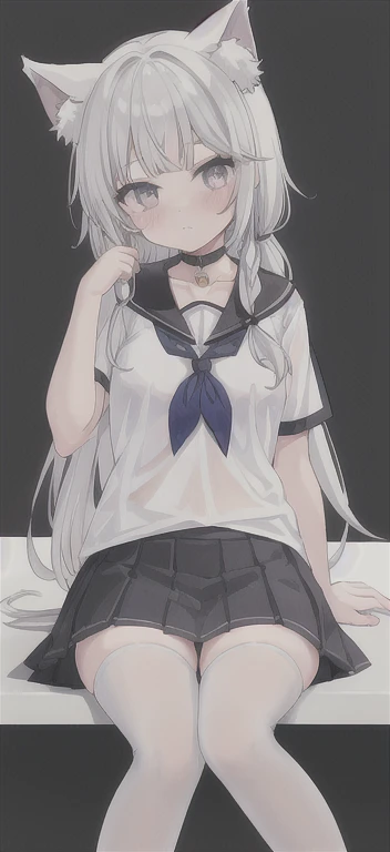 1 girl, skirt, animal_ears, foot, sailor_collar, long_hair, white_legwear, alone, shoe底, School_, pleexisted_skirt, Sefuku, blue_短裙 shirt, collarbone, white_shirt, watching_exist_audience, animal_ear_Brushed, No_shoe, short_sleeve, scarf, side lock, silver_hair,showing genitals,Bare buttocks