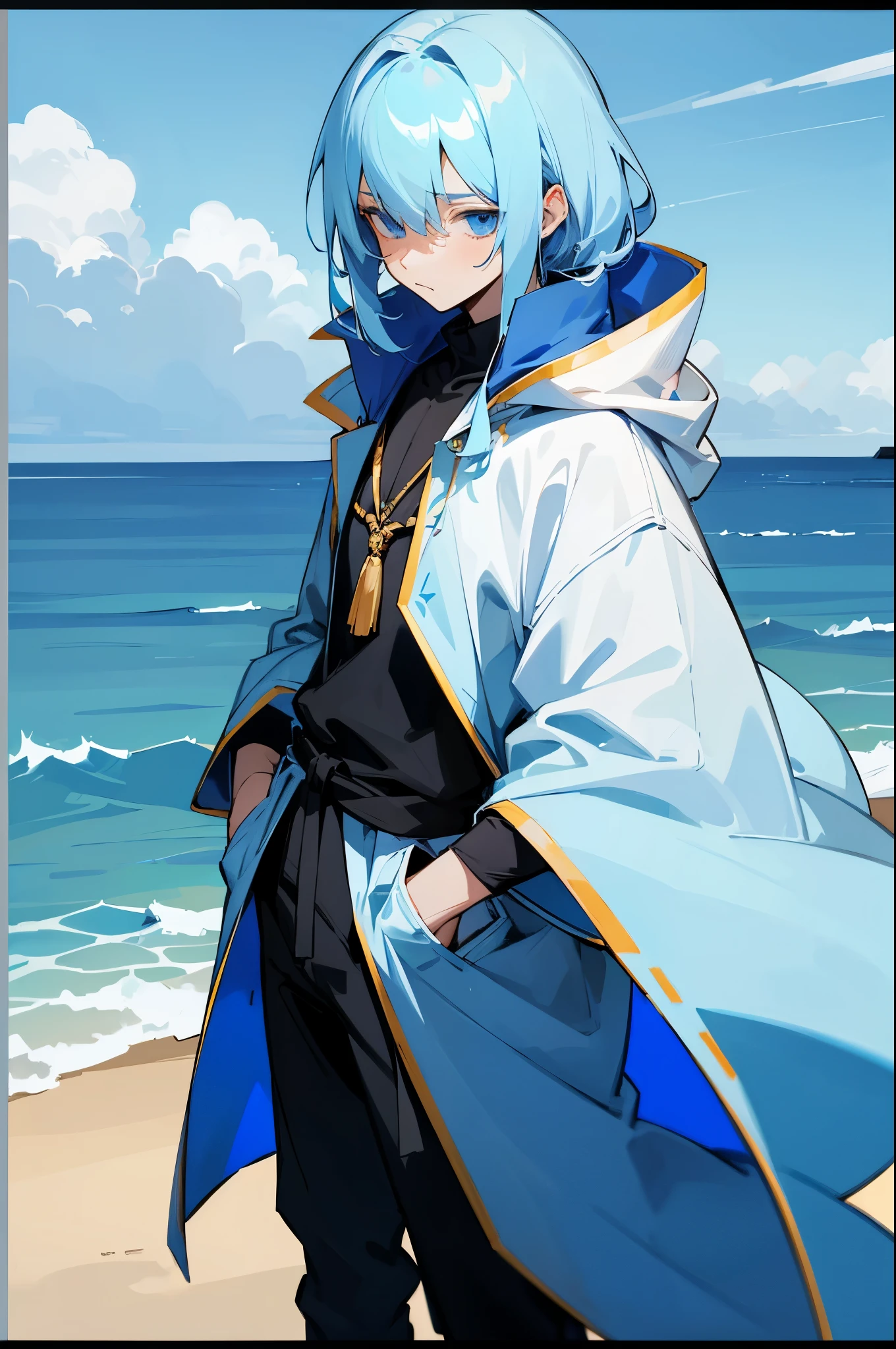 Light Blue Hair, Blue Eyes, Lean Build, straight hair,bangs covering eyes, young male, blue gem on chest,scared expression,blue cloak, hands in pockets, beach background