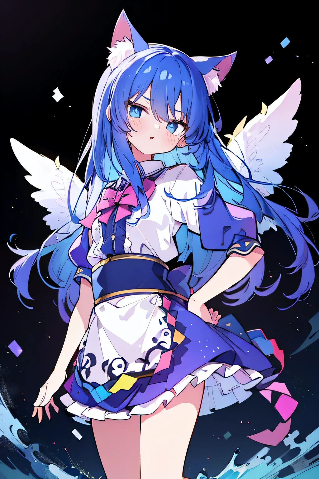 (masterpiece),best quality, expressive eyes, perfect face, 1girl,
Put your hands on your waist,fair, Gorgeous,Japanese cartoons,girl,lola,Hina Angel, blue hair, blue haired, floating clothes,Grab your waist, Grab your waist, hands on hips , hands on hips,sit, sit on ground, Legs on the ground, flat chest,cat ear,blue eyes,