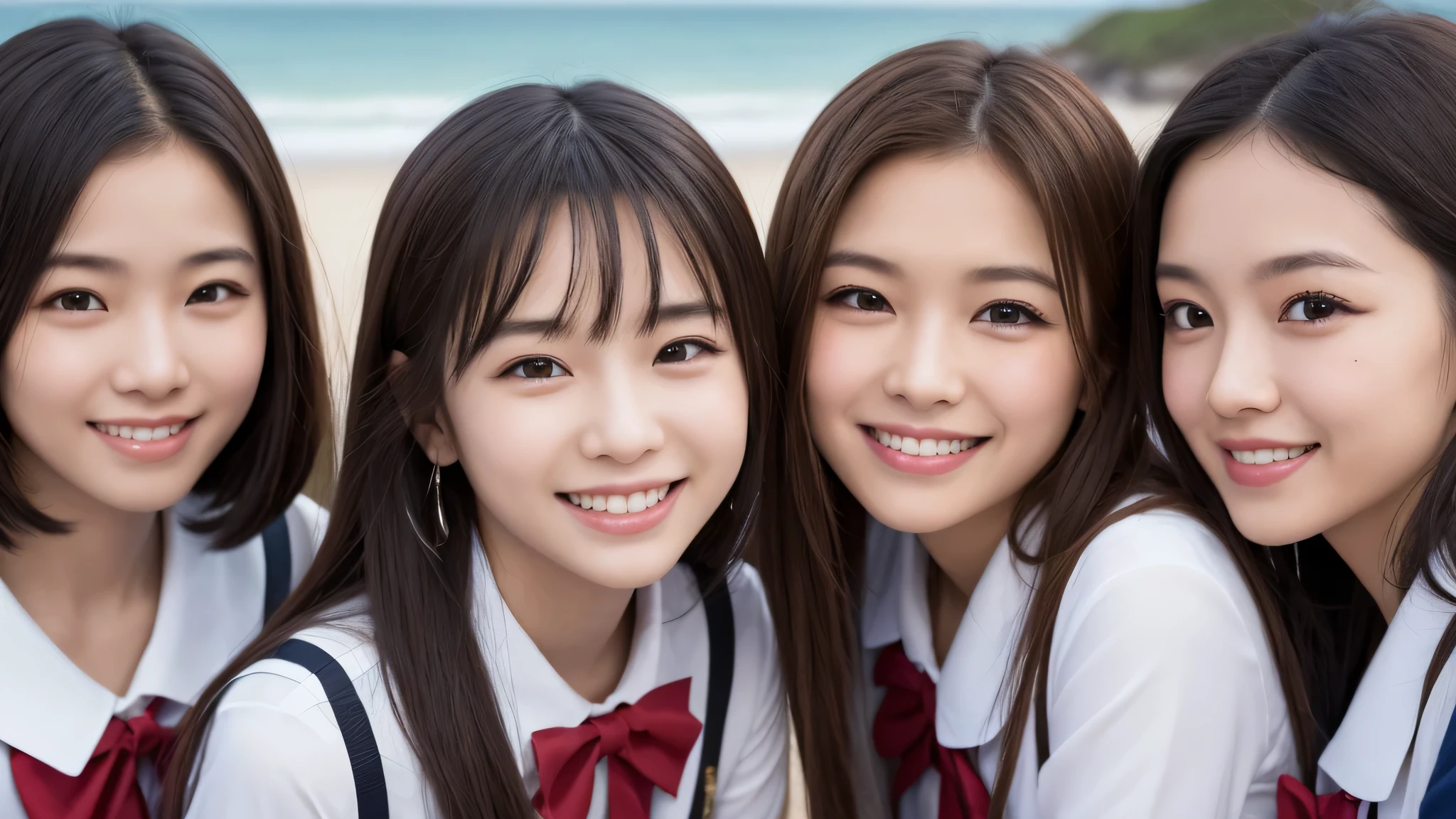 (1girl), (big smile), beautiful face, Amazing face and eyes, delicate, (Best Quality:1.4), (Ultra-detailed), (extremely detailed beautiful face), (princess hair cut style), cute smile, brown eyes, (highly detailed Beautiful face), (summer high school uniform:1.2), (extremely detailed CG unified 8k wallpaper), Highly detailed, High-definition raw color photos, Professional Photography, Realistic portrait, evening, Extremely high resolution, smiling, modern, trendy, fashionable, Group photo of high school girls, face close-up, (beach)