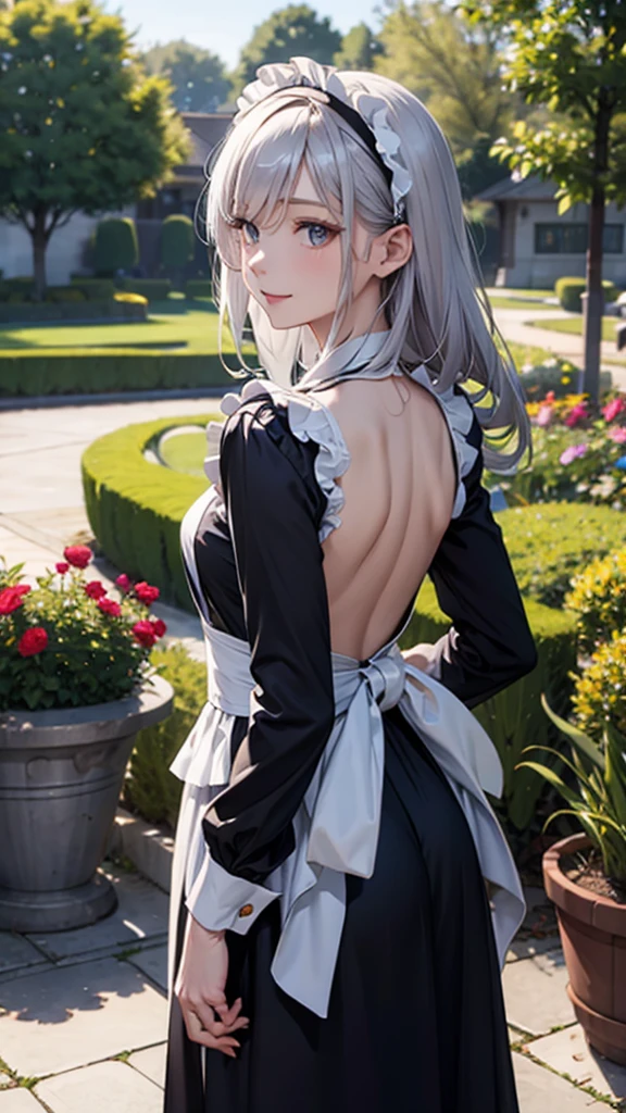 ((masterpiece、highest quality、High resolution、8K))、One female、(attractive woman)、silver hair、long hair、messy hair、smile、black eyes、detailed eyes、white headband、break、Black backless maid outfit、Head to knee、look back、((stare into the distance))、A gorgeous garden filled with blooming flowers、Highly detailed animated illustrations、