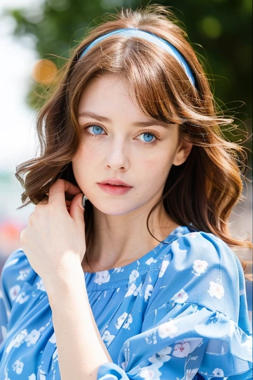 young woman, bright blue eyes, Tricky glance, neat face, straight nose, red hair curly , blue dress with floral lantern sleeves