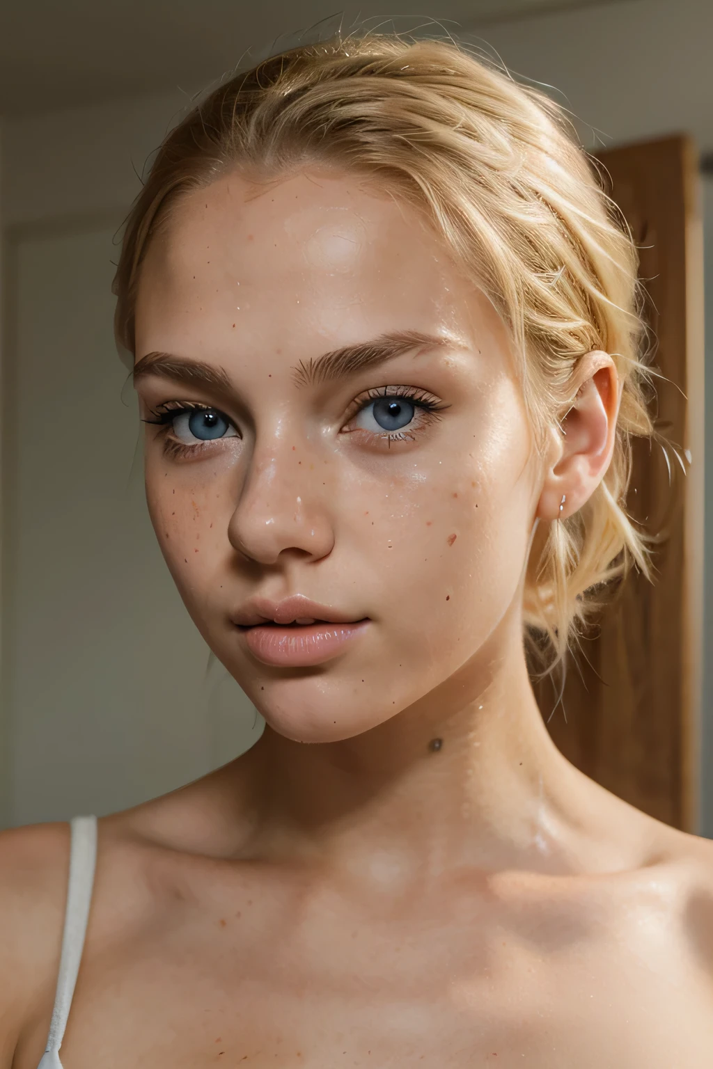 beautiful blond scandinave lady, 25 years old, (very smooth freckles on the nose), little nose, smile, blue hazel eyes, luscious little mouth, dark makeup, hyperdetailed photography, soft light, head and shoulders portrait, cover, face on camera