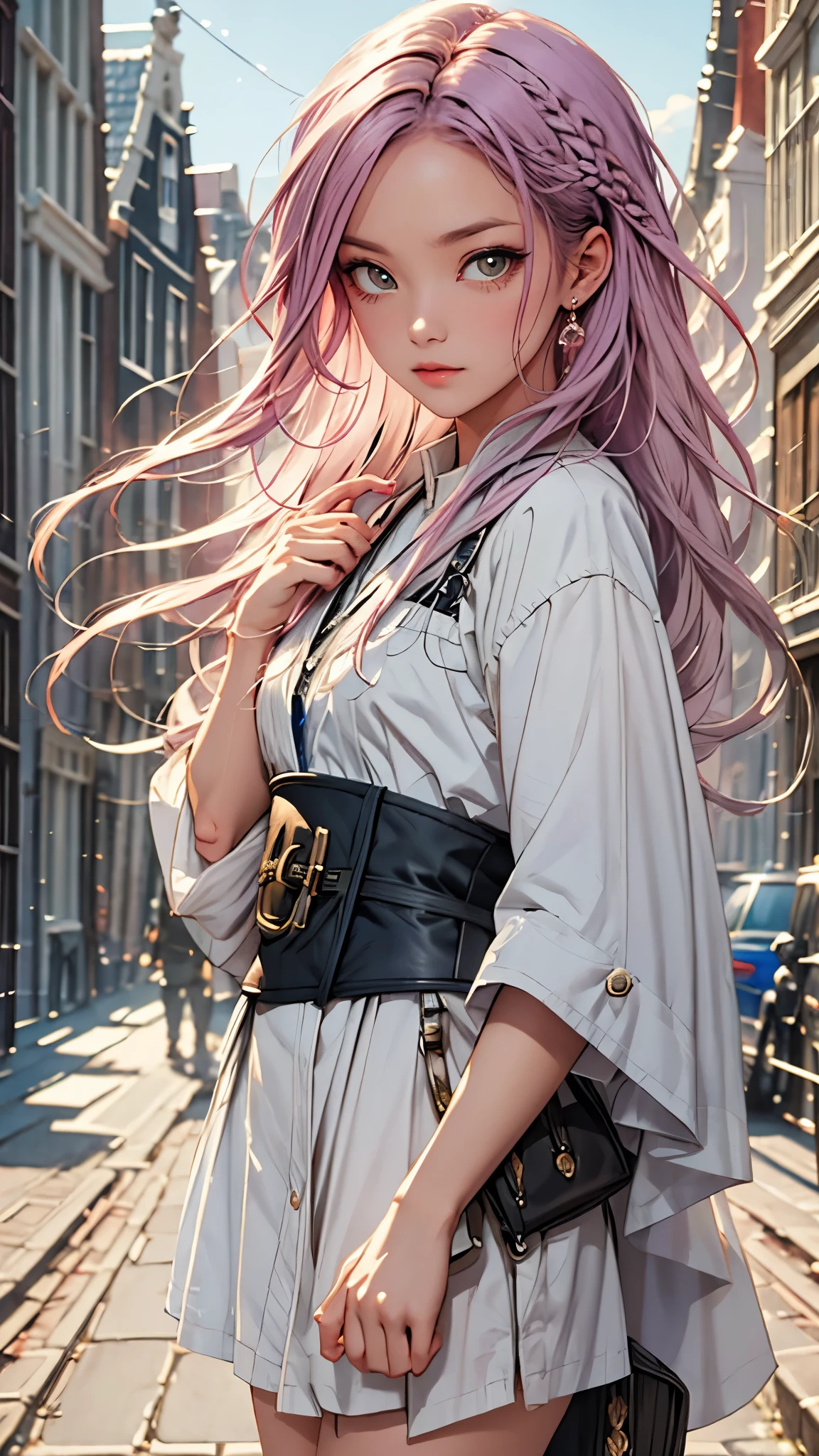 (gradient hair, dutch angle:1.3), film grain, chromatic aberration, city centre, masterpiece, risbeauty, best quality, raw photo, photorealistic, absurdres, 1girl, cute, perspective, cowboy shot, highres, ultra detailed, finely detail, detailed eyes and face, sharp pupils, realistic pupils, sharp focus, summer, night,