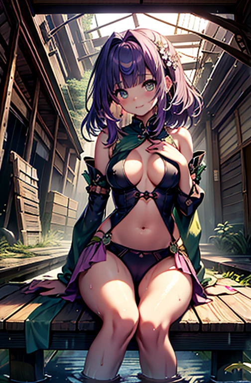 、
break、
masterpiece、highest quality、detailed、beautiful、Exquisite、disorganized、high resolution、 
night中、hot spring、countryside、Sala Saturn、
girl、sitting、smoke texture、cheeks flushed、profile、hot springに浸かっている、pure white leotard、Purple Skirt、Big purple ribbon in hair、purple hair、happy face、Sitting with one leg raised, her underwear is slightly visible、breast enhancement、turn your arms behind your back、Looking down on the town from the bridge、(The underwear is slightly visible：1.3)、Colored inner hair 、(Adorable sparkling bright jade green eyes：1.4)、Tree eyes、Big eyes、short、toned body、thin thighs、slender、(Clothes that fit snugly against the body：1.4)、Wrinkles in clothes around the waist、(The rain makes the area around her chest and navel wet, revealing her bare skin.:1.4)、damp hair、beautiful breasts、D cup、Scratched、blush、20-year-old、10 years old 、red nail polish、cute、cute、beautiful、cell anime、main artwork、hard edge、View from thigh to top、night、indirect lighting、lantern、(The atmosphere seen through a fisheye lens：1.5)、Abandoned Japanese temple with collapsed wooden structures、The ceiling is collapsing、A lush garden reminiscent of a primeval forest、abandoned village、outdoor、It&#39;s open