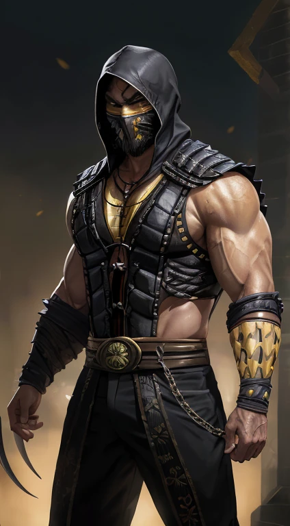 a photo of ((Jason Momoa)) as ((Scorpion)) from Mortal Kombat, yellow and black ninja outfit, (skull-like mask), kunai on a chain, Intricate, High Detail, Sharp focus, dramatic, photorealistic painting art by greg rutkowski