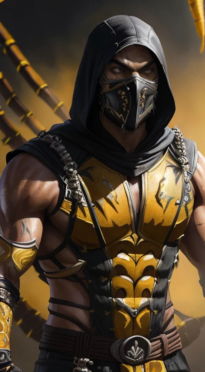 a photo of ((Jason Momoa)) as ((Scorpion)) from Mortal Kombat, yellow and black ninja outfit, (skull-like mask), kunai on a chain, Intricate, High Detail, Sharp focus, dramatic, photorealistic painting art by greg rutkowski