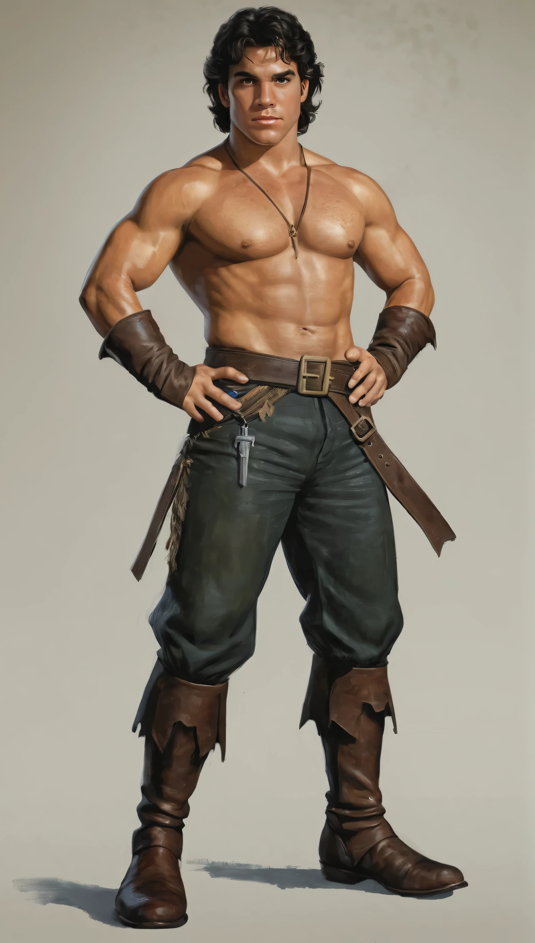 An illustrated movie poster, hand-drawn, full color, a pirate, male, 22 years-old, wearing ankle-banded pants and leather boots, resembles a young Lou Ferrigno, sun-tanned skin, round face, average height, broad shoulders, soft belly, slightly chubby, deep brown eyes, wide bulbous nose, black hair, curly taper fade, thick bushy eyebrows, extremely hairy chest, stomach, and arms, lots of body hair, posing on a pedestal, wet listening skin, hard shadows, graphite shading, stencil marks, airbrushed acrylic paint, masterpiece, in the style of Skyrim