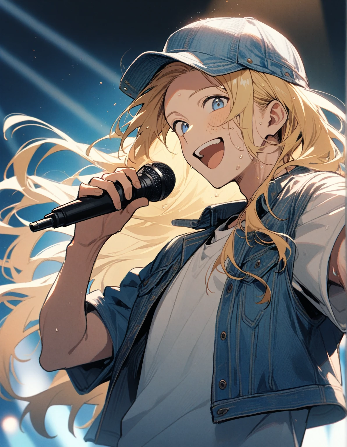 1 guy, blond hair, long hair with bangs and a blue gradient on his hair, blue eyes, looks at the viewer, sings into the microphone, stands on stage, singer, dressed in a white T-shirt with a denim jacket and denim shorts, denim cap on his head, sweat on his face, cheerful, happy, gentle tones