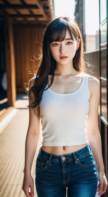 Ulchan-6500-v1.1, (Raw photo:1.2), (realistic:1.4), beautiful detailed girl, very detailed eyes and face, detailed and beautiful eyes, That&#39;s ridiculous, incredibly That&#39;s ridiculous, huge file size, Super detailed, High resolution, very detailed, highest quality, masterpiece, kemomimi, ((Japanese girls&#39; winter clothes)), figure, very detailed, cg, unified, 8k wallpaper, wonderful, small details, masterpiece, highest quality, very detailed cg uniform 8k wallpaper, light shines on your face, cinematic lighting, 1 girl, 16 years old, ((dynamic pose)), ( short jeans，white tank top，