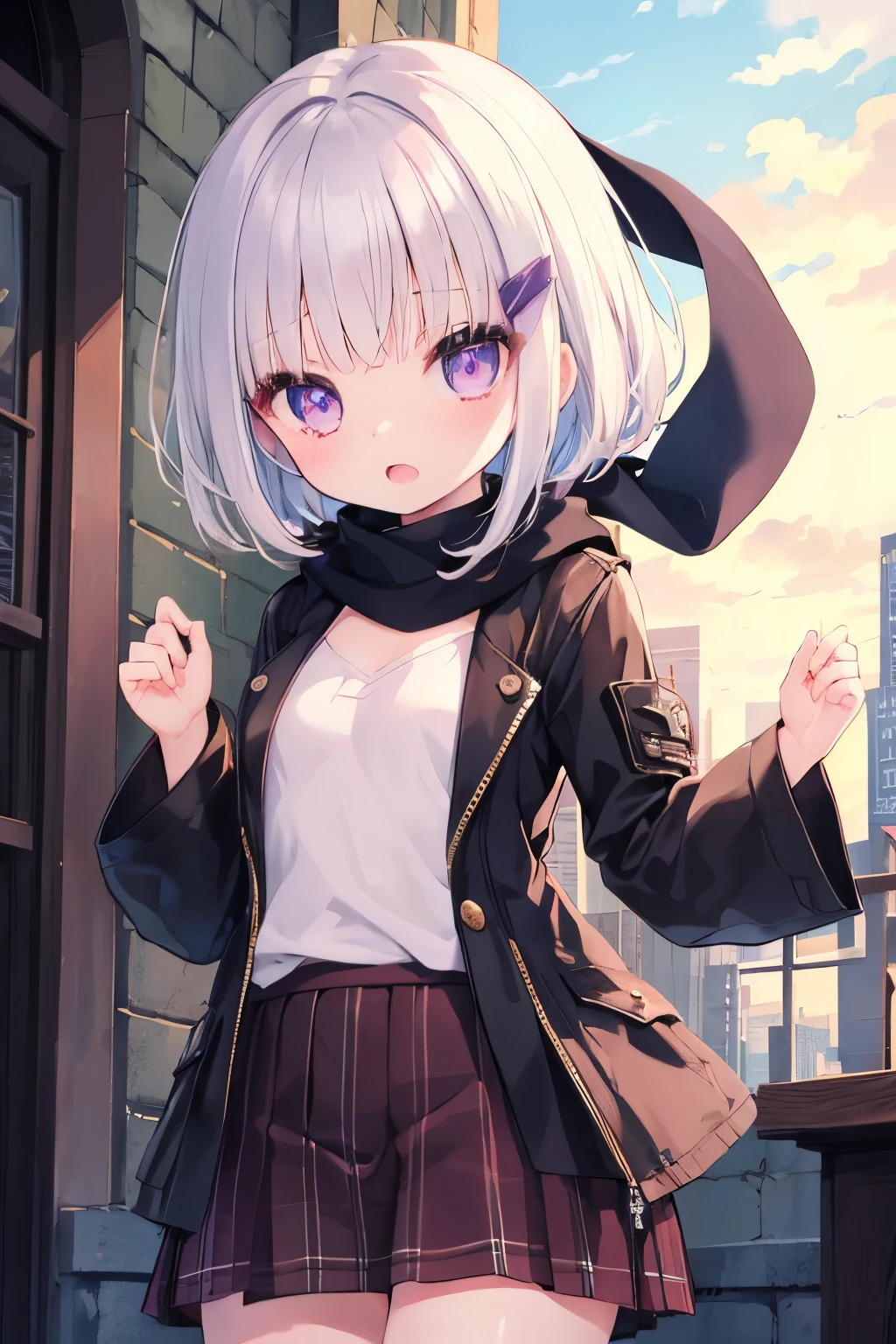 Very beautiful and shining eyes、shining eyes、((1 girl))、small breasts、big mouth、high school girl、small breasts、Short hair with a sense of transparency、scarf、hot pants、transparent clothes、childish clothes、7 year old girl