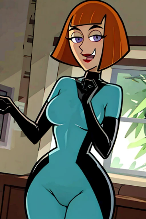 maddie fenton, thinking about danny, horny, at the kitchen table, latex bodysuit, medium close-up, seductive