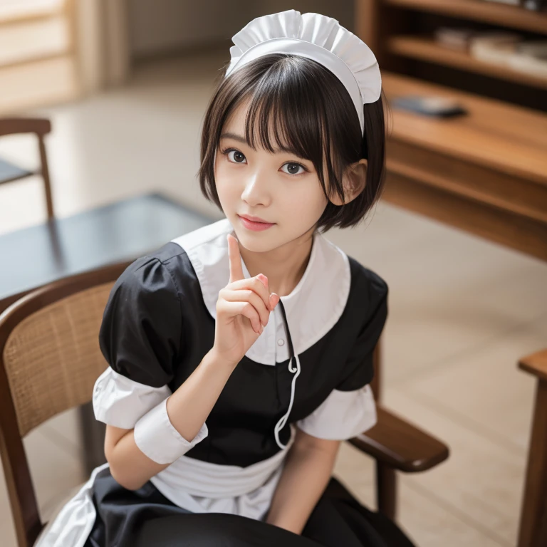 (happy expression:1.26)、Raw photo、(((Ultimate beauty full body photo shoot)))、((glowing skin))、1 girl、1 primary school student、young、young顔、bright look、detailed face、((black haired、short cut hair:1.2))、View from the floor、((Maid clothes:1.5))、(Sitting on a chair with legs wide open:1.2)、counter point shot、((Super detailed))、(完璧にdetailed face)、(fine hands)、(finger details)、(good human structure)、A photorealistic masterpiece、最high quality、Super detailed、film light、intricate details、High resolution、very detailed))、detailed background、8KUHD、Digital single-lens reflex camera、soft light、high quality、film grain、Fujifilm XT3 、shallow depth of field、natural soft light、Kamimei、study