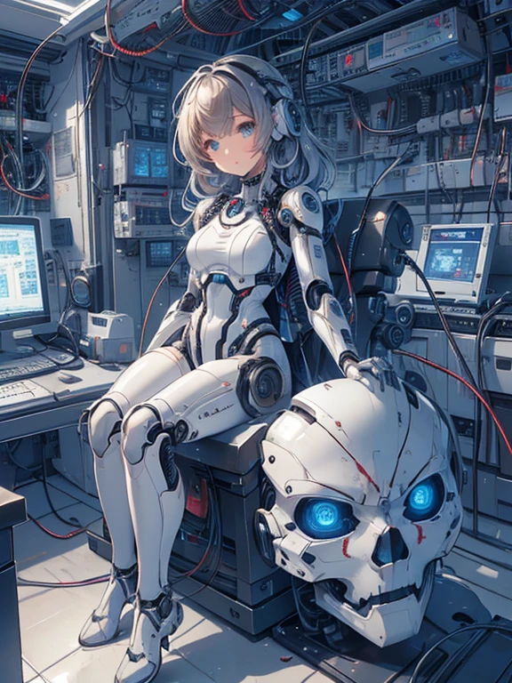 NSFW, (((masterpiece)))、(((highest quality)))、((Super fine))、(Detailed CG illustration)、((very delicate and beautiful))、(Delicate and cute face)、cinematic light、((1 Mechanical Girl))、solo、Full body Esbian、(highest qualityのイラスト:1.2), (pretty girl:1.1), (1 girl, solo:1.5), (1 girl、18-year-old、beautiful breasts:1.5、highly detailed eyes:1.2)、(beautiful breasts:1.1)、Cyborg Machine Main Body、positive、white cyber suit、perfect fit、black haired、brown hair、silver hair、blonde、blue hair、blue eyes、brown eyes、red eye mechanical joint:1.4)、((mechanical limbs))、(blood vessels connected to tubeechanical spine attached to back))、((mechanical cervical vertebrae)attached to the neck))、((Sitting on a chair on a machine))、No expression、(Wires and cables attached to head and body:1.5)、(character focus)、nffsw、Under maintenance、Touching the whole body with a mechanical arm