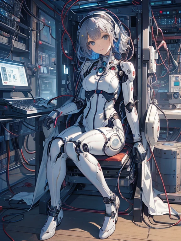 (((masterpiece))), (((best quality))), ((ultra-detailed)), (highly detailed CG illustration), ((closed eyes)), ((Gas mask)), ((blue lights)) ((an extremely delicate and beautiful)),(cute delicate face),cinematic light,((1mechanical girl)),solo,full body,(machine made joints:1.4),((machanical limbs)),(blood vessels connected to tubes),((mechanical vertebra attaching to back)),((mechanical cervial attaching to neck)),((sitting)),expressionless,(wires and cables attaching to head and body:1.5),(character focus),science fiction