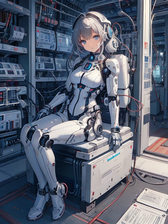 NSFW, (((masterpiece)))、(((highest quality)))、((Super fine))、(Detailed CG illustration)、((very delicate and beautiful))、(Delicate and cute face)、cinematic light、((1 Mechanical Girl))、solo、Full body Esbian、(highest qualityのイラスト:1.2), (pretty girl:1.1), (1 girl, solo:1.5), (1 girl、18-year-old、beautiful breasts:1.5、highly detailed eyes:1.2)、(beautiful breasts:1.1)、Cyborg Machine Main Body、positive、white cyber suit、perfect fit、black haired、brown hair、silver hair、blonde、blue hair、blue eyes、brown eyes、red eye mechanical joint:1.4)、((mechanical limbs))、(blood vessels connected to tubeechanical spine attached to back))、((mechanical cervical vertebrae)attached to the neck))、((Sitting on a chair on a machine))、No expression、(Wires and cables attached to head and body:1.5)、(character focus)、nffsw、Under maintenance、Touching the whole body with a mechanical arm
