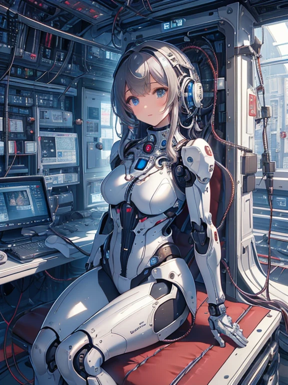 NSFW, (((masterpiece)))、(((highest quality)))、((Super fine))、(Detailed CG illustration)、((very delicate and beautiful))、(Delicate and cute face)、cinematic light、((1 Mechanical Girl))、solo、Full body Esbian、(highest qualityのイラスト:1.2), (pretty girl:1.1), (1 girl, solo:1.5), (1 girl、18-year-old、beautiful breasts:1.5、highly detailed eyes:1.2)、(beautiful breasts:1.1)、Cyborg Machine Main Body、positive、white cyber suit、perfect fit、black haired、brown hair、silver hair、blonde、blue hair、blue eyes、brown eyes、red eye mechanical joint:1.4)、((mechanical limbs))、(blood vessels connected to tubeechanical spine attached to back))、((mechanical cervical vertebrae)attached to the neck))、((Sitting on a chair on a machine))、No expression、(Wires and cables attached to head and body:1.5)、(character focus)、nffsw、Under maintenance、Touching the whole body with a mechanical arm