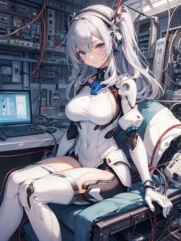 NSFW, (((masterpiece)))、(((highest quality)))、((Super fine))、(Detailed CG illustration)、((very delicate and beautiful))、(Delicate and cute face)、cinematic light、((1 Mechanical Girl))、solo、Full body Esbian、(highest qualityのイラスト:1.2), (pretty girl:1.1), (1 girl, solo:1.5), (1 girl、18-year-old、beautiful breasts:1.5、highly detailed eyes:1.2)、(beautiful breasts:1.1)、Cyborg Machine Main Body、positive、white cyber suit、perfect fit、black haired、brown hair、silver hair、blonde、blue hair、blue eyes、brown eyes、red eye mechanical joint:1.4)、((mechanical limbs))、(blood vessels connected to tubeechanical spine attached to back))、((mechanical cervical vertebrae)attached to the neck))、((Sitting on a chair on a machine))、No expression、(Wires and cables attached to head and body:1.5)、(character focus)、nffsw、Under maintenance、Touching the whole body with a mechanical arm