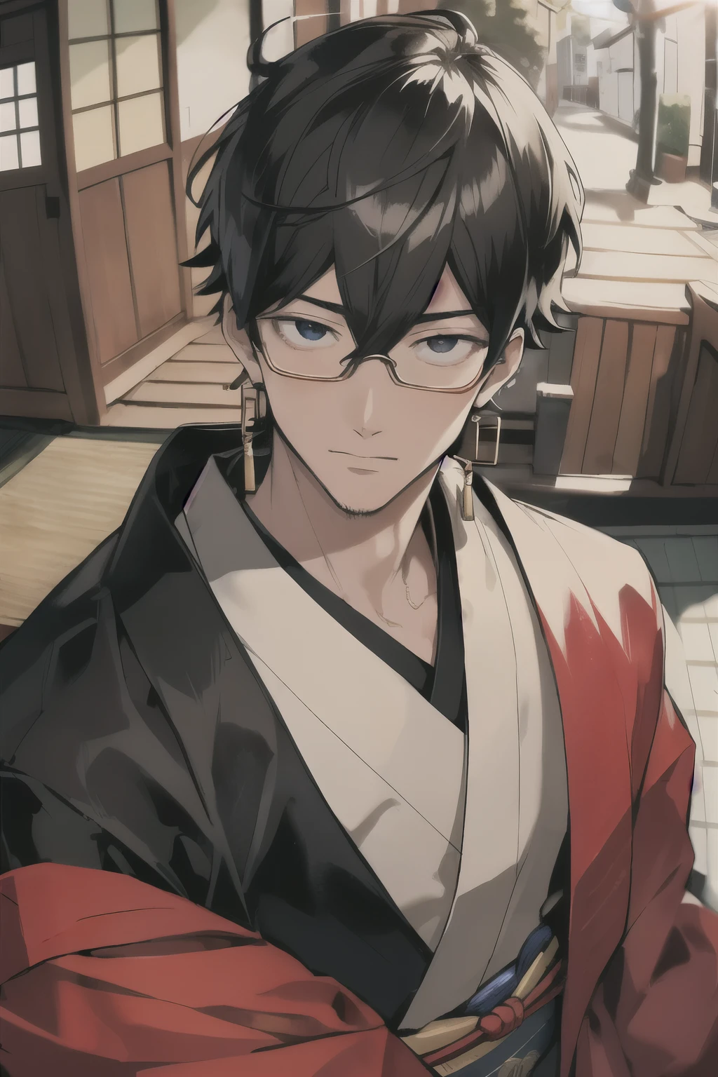 masterpiece,highest quality,(1 man:1.3), 25 years old,male,short hair,hairpin,colored tips,black hair,curly hair,colored glasses,earrings,kimono,Mafia Style,kimono,Meiji period,street,From above,(dutch angle, Fisheye),Lens flare,Depth of the bounds written