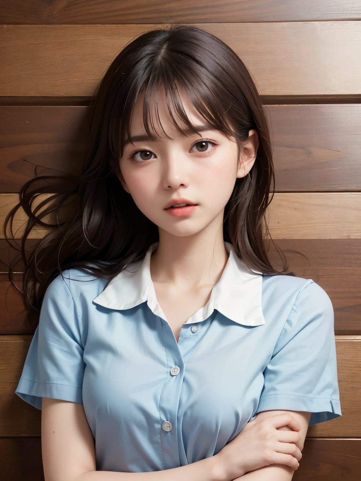(professional portrait、professional writing)、highest quality, (anatomically correct arm:1.3), Detailed workmanship、high resolution、(8K, High resolution:1.2)、(RAW photo, photorealistic:1.3)、masterpiece、slender body shape、high definition face、Face is in focus、high definition eyes、(Focused, symmetrical pupils:1.2)、High-definition and beautiful skin、firm skin、natural makeup、gross lip, High-definition hair texture、 Japanese high school girl、、(high school uniform:1.3), (lying down on one’s back:1.3), (hugging own chest by arms:1.2), very cute, (very embarrassed:1.2), (blush:1.1), (afraid:1.3), (Glaring at the camera:1.3)、(shot from above:1.3), small breast, nsfw, open mouth:1.2