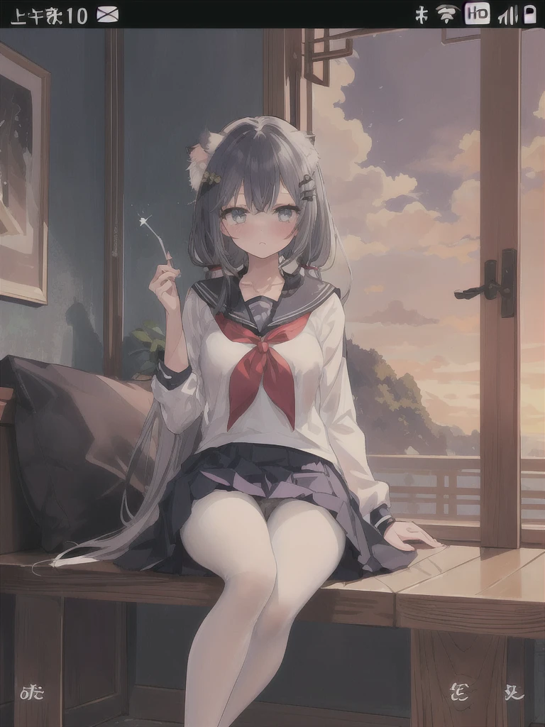 1 girl, skirt, animal_ears, foot, sailor_collar, long_hair, white_legwear, alone, shoe底, School_, pleexisted_skirt, Sefuku, blue_skirt, pantyhose, shirt, collarbone, white_shirt, watching_exist_audience, animal_ear_Brushed, No_shoe, short_sleeve, scarf, side lock, silver_hair