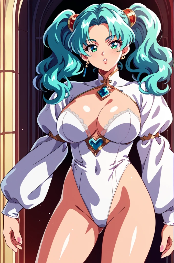 (by yag:1.3), score_9, score_8_up, score_8, source_anime, 
fantasy theme, 80s anime style, 
1girl, intricate high detailed, 
aqua hair, forehead, hair slicked back, twintails, wavy hair, 
green eyes, cute lips, 
slender, large breasts, 
neckwear, white lace leotard with sleeves, 
jewelry, accessories, 
ennui, sexy face, 
sexy pose, 
cowboy shot, 
indoors, castle 