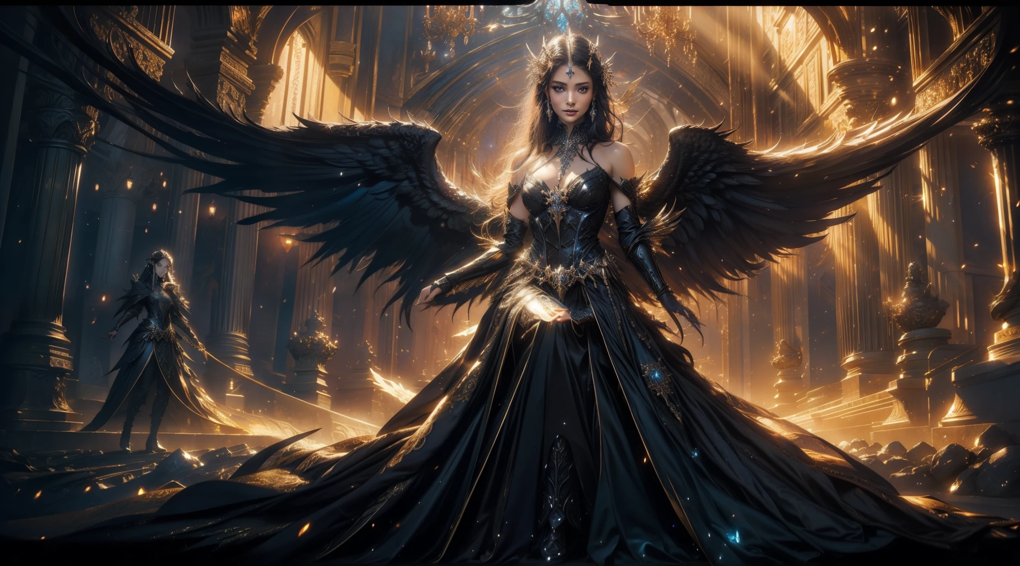 anime, fantasy, female, angel, fantasy art, fantasy, fantasy, fantasy, fantasy art, fantasy, beautiful fantasy art, villainess has black angel wings, gothic fantasy art, detailed fantasy art, breathtaking fantasy art, very beautiful fantasy art, high quality fantasy art, epic fantasy art style hd, by Yang J, elegant cinematic fantasy art, hd fantasy art