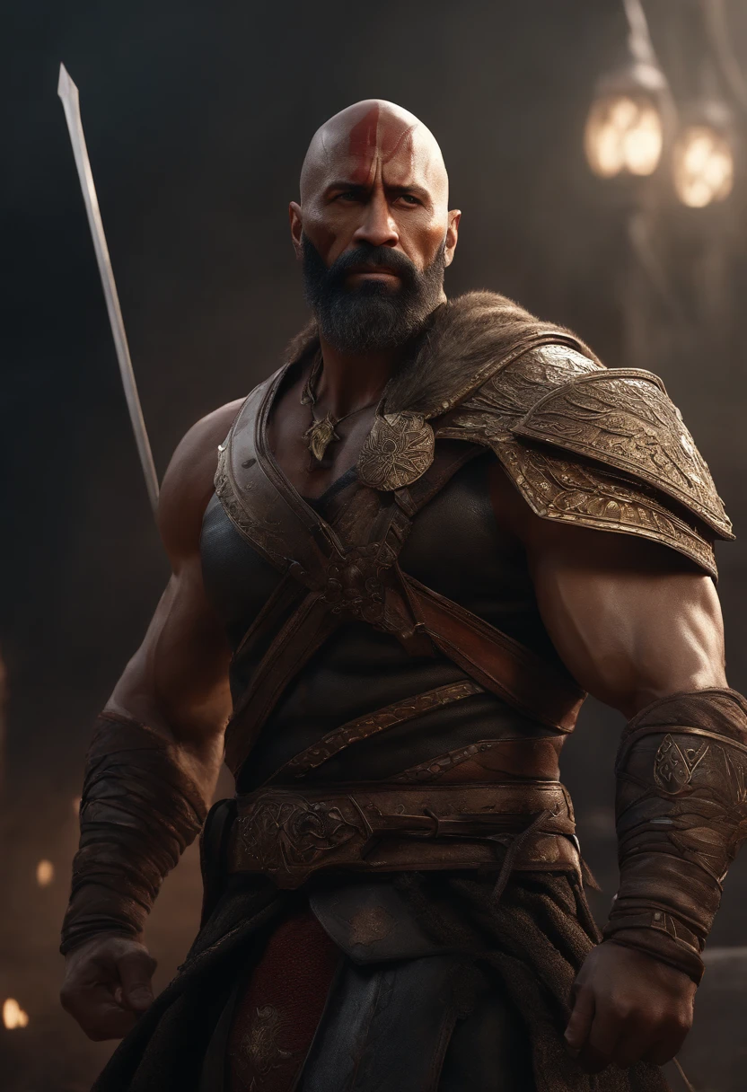 um close up de um homem com barba, muscular character, muscular male hero, estilo fantasia 8 k octane render, 3 d render arte do caractere 8 k, atraente macho de carne com armadura, personagem de fantasia octane render, handsome prince of persia, Retrato de Kratos, arte do personagem do motor irreal, Dwayne Johnson como Kratos, guerreiro masculino, Kratos, blades of chaos nas maos, kratos, Skyline noturno da cidade cyberpunk, estilo nvinkpunk, Directed by: Jeremy Mann, Por Dave McKean e Richard Avedon e Maciej Kuciara, Punk rock, alto detalhamento, 4k, RTX, estilo anime, desenhado, combate, gore,naked