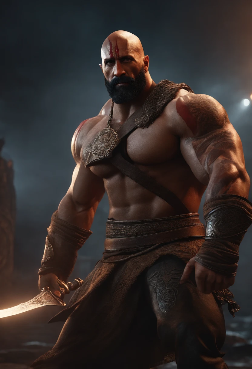 um close up de um homem com barba, muscular character, muscular male hero, estilo fantasia 8 k octane render, 3 d render arte do caractere 8 k, atraente macho de carne com armadura, personagem de fantasia octane render, handsome prince of persia, Retrato de Kratos, arte do personagem do motor irreal, Dwayne Johnson como Kratos, guerreiro masculino, Kratos, blades of chaos nas maos, kratos, Skyline noturno da cidade cyberpunk, estilo nvinkpunk, Directed by: Jeremy Mann, Por Dave McKean e Richard Avedon e Maciej Kuciara, Punk rock, alto detalhamento, 4k, RTX, estilo anime, desenhado, combate, gore,naked
